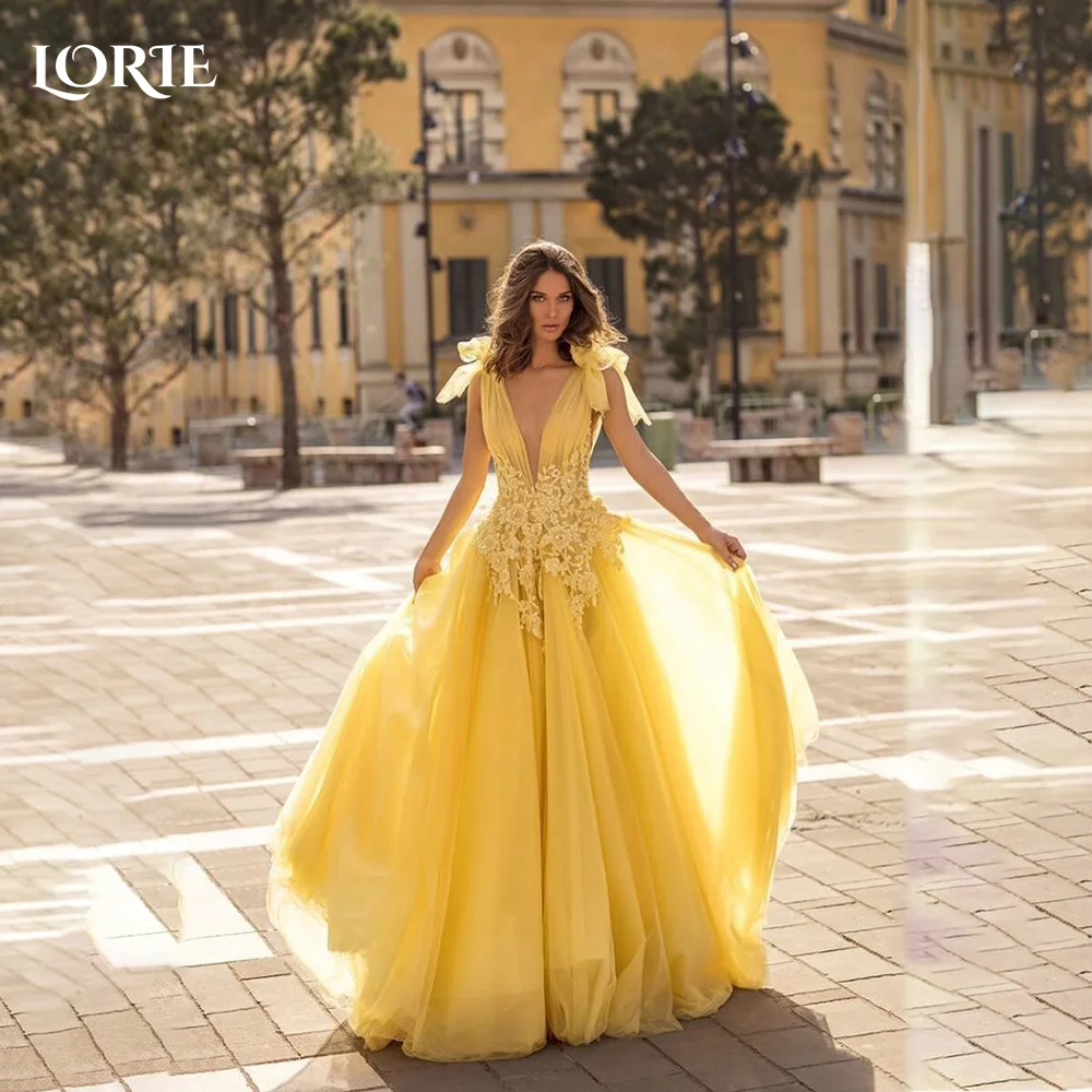 

LORIE Glitter Puff Sleeves Evening Dresses Tullle A-line Bow Shoulder Long V Neck Lace Open Back Women's Celebrity Prom Dresses