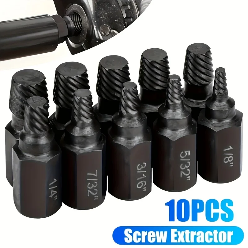 Juego de 10 brocas extractores de tornillos dañados, herramienta para quitar tornillos, extractor de pernos de cabeza hexagonal, extractor espiral para tornillos y tuercas rotos