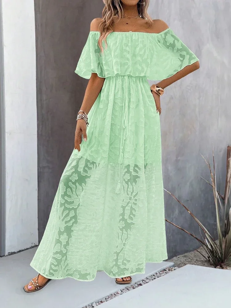 

BluWin Bohemian Lace Long Dress Women White Beach 2025 in Summer Loose Strapless One Shoulder Solid Color Sexy Dress for Women