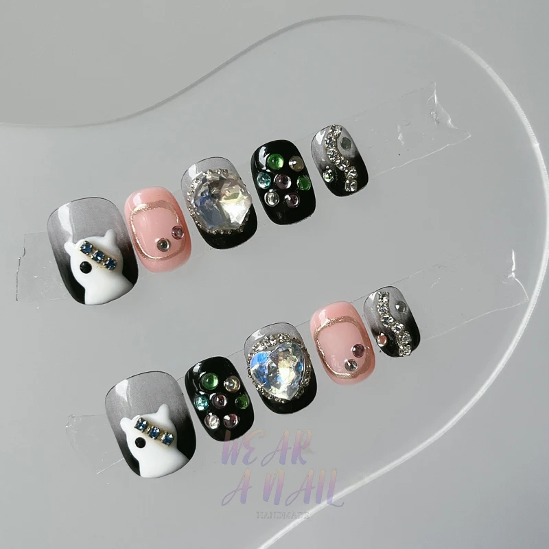 

Handmade Pree On Nail Short Cute Decoration Fake Nails Full Cover Artificial Manicuree Wearable Black Cat Tips