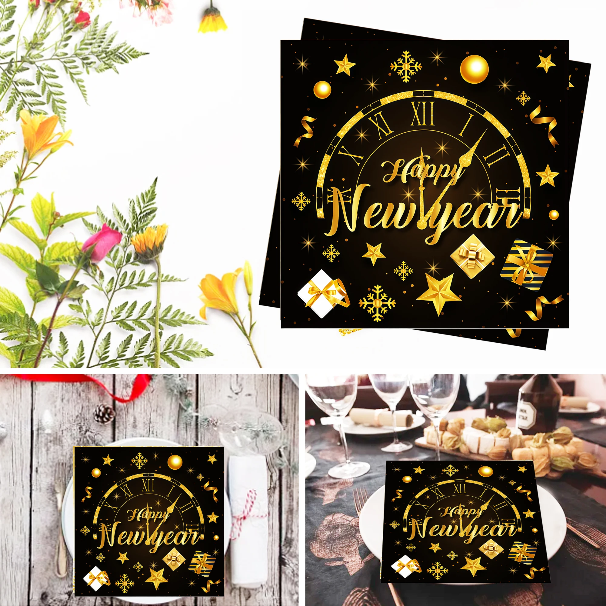 Frohes Neues Jahr Servietten 2027 Silvester-Dekorationen Schwarz-Gold Papierservietten für Silvesterparty 2026 Tischdekoration – Detail 2
