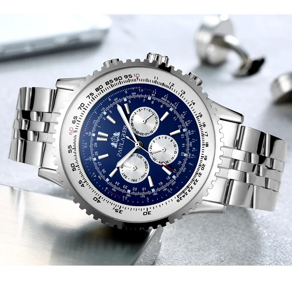 التلقائية الميكانيكية الذاتي الرياح الجلود أزياء رياضية أزرق أسود أبيض كبير 50mm أزياء الرجال ووتش