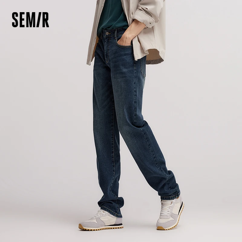 Semir Jeans Men 2024 Winter New Retro Distressed Washed Straight Leg Simple Versatile Trousers Black Denim Trousers