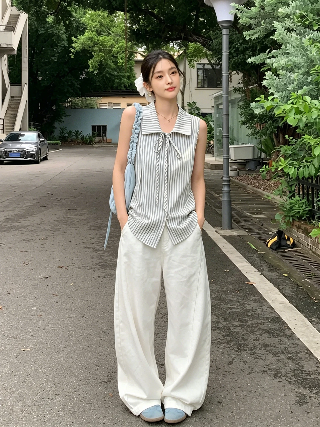 

Elegant Stripe Knot Shirt Sleeveless Slimming Vest Design Korean Style Commute Fashion Summer New Arrival Women's Top