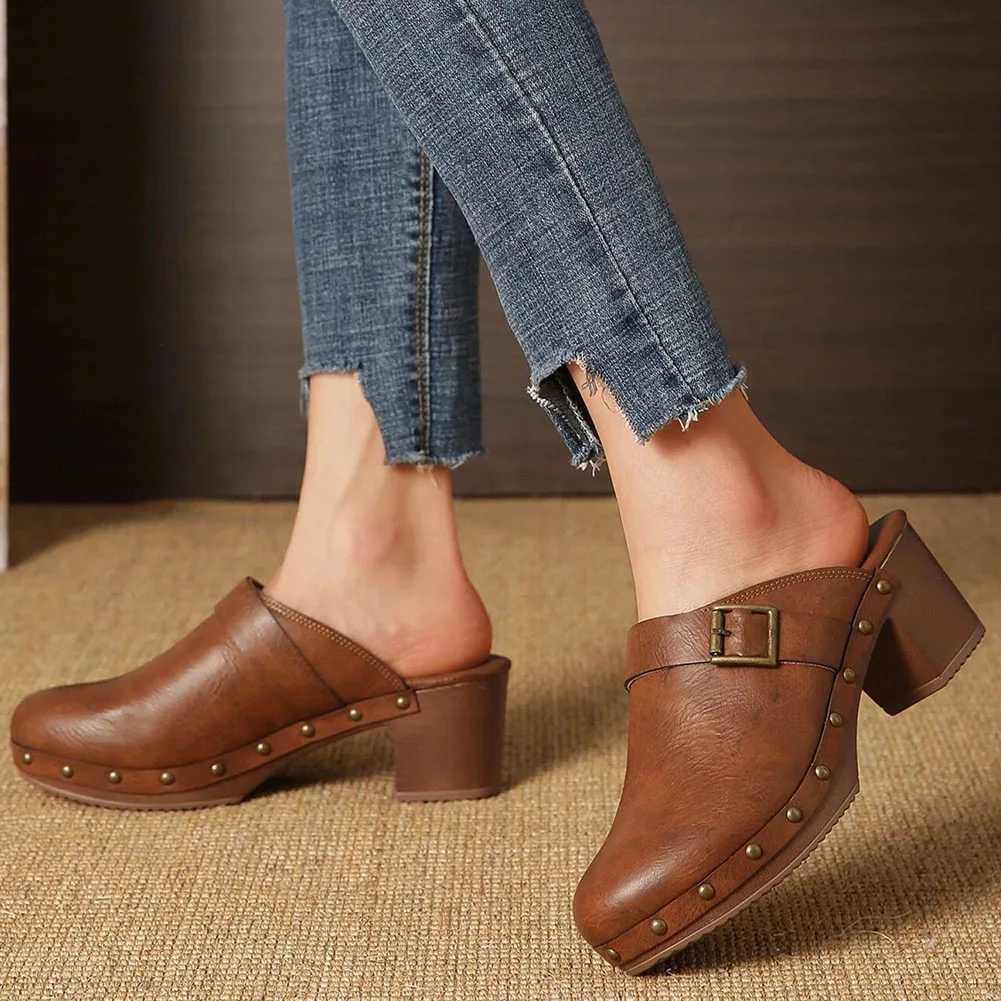 Brand New Dropship 2023 New Women Brown Buckle Decor Mules Chunky Heeled Elegant Pump Vintage Comfy Women Mules Sandals Shoes