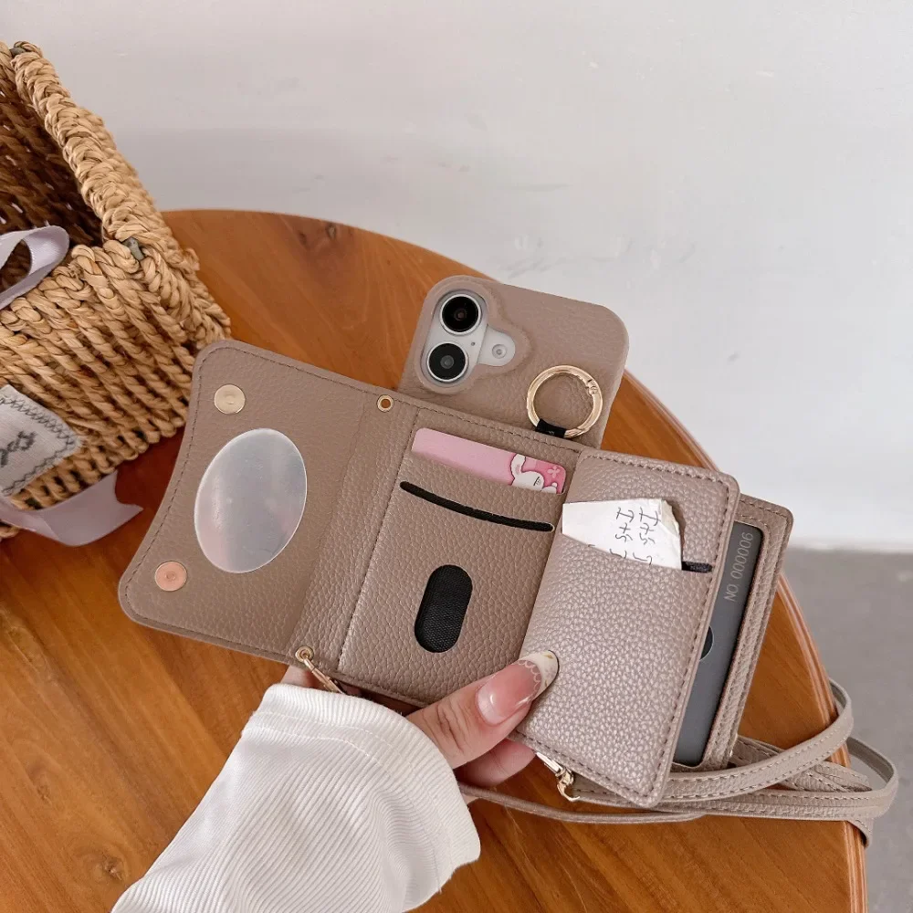 

Crossbody Phone Case for IPhone 16E 16 15 14 Pro 13 12 Mini 11 Pro Max Ring Wallet Card Holder PU Leather Anti-fall Lanyard
