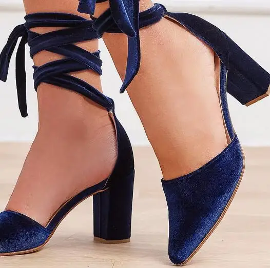 Summer Women Dark Blue Velvet Pointed Toe Shallow Hollow Cross Tied Lace Up Cover Heel Square Heels Sandals Boots Pumps Shoes