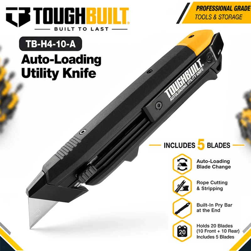 TOUGHBUILT TB-H4-10-A Heavy Duty Auto-Loading Utility Knife 20-Blade Storage Rope Cutter Pry Bar Triple-Injected Non-slip Handle