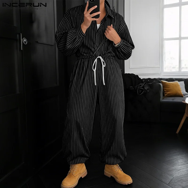 INCERUN Men Jumpsuits Striped Lapel Long Sleeve Drawstring Joggers Rompers Streetwear Loose Fashion Casual Male Overalls Pants