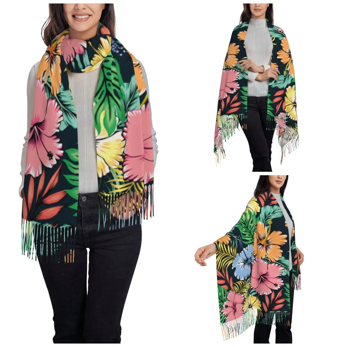 Hawaii Hibiscus Flowers Scarf for Women Winter Shawls and Wrap Hawaiian Bloosom Floral Large Scarves with Tassel for   Dress