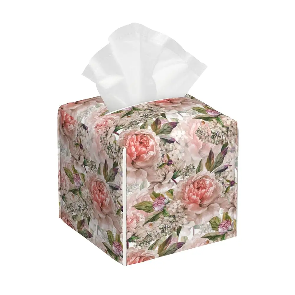 

Leather Tissue Box Holder Watercolor Peony Flowers Tissue Box Cover Square Waterproof Tissue Holder Organizer Modern Napkin