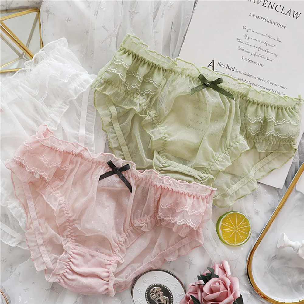 Sexy Ruffles Lace Hollow Bow Mid-waist Mesh Panties Briefs Underwear Lingerie