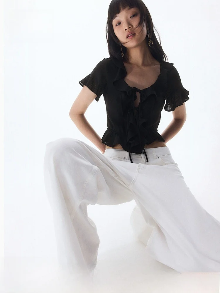 

Женская блузка H&M из льняной смеси с эффектом утяжки на талии, с кружевной отделкой, коротким рукавом и круглым вырезом, укороченная, весенняя коллекция