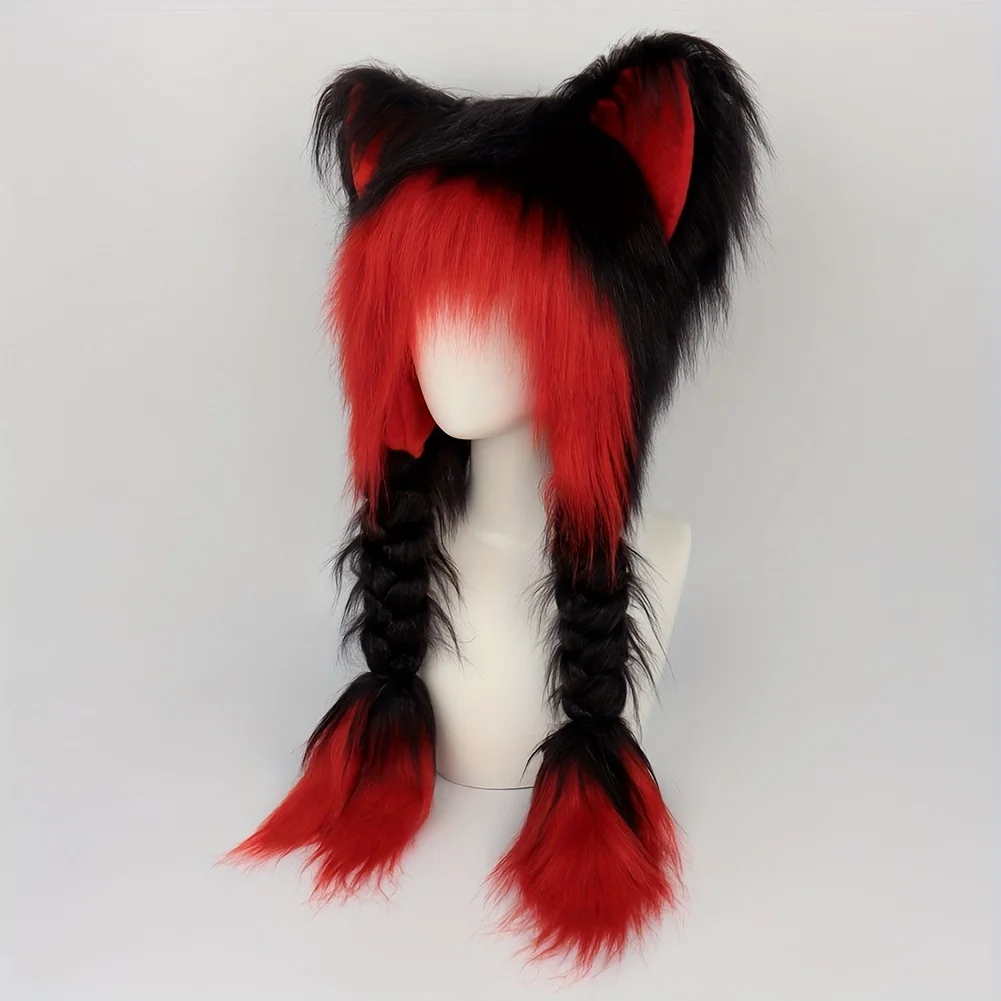 1 Piece Of Y2k Aesthetic Anime Inspired Cute Cat Plush With Braids, Warm Fluffy Ear Protection Hat Winter, Halloween Cosplay