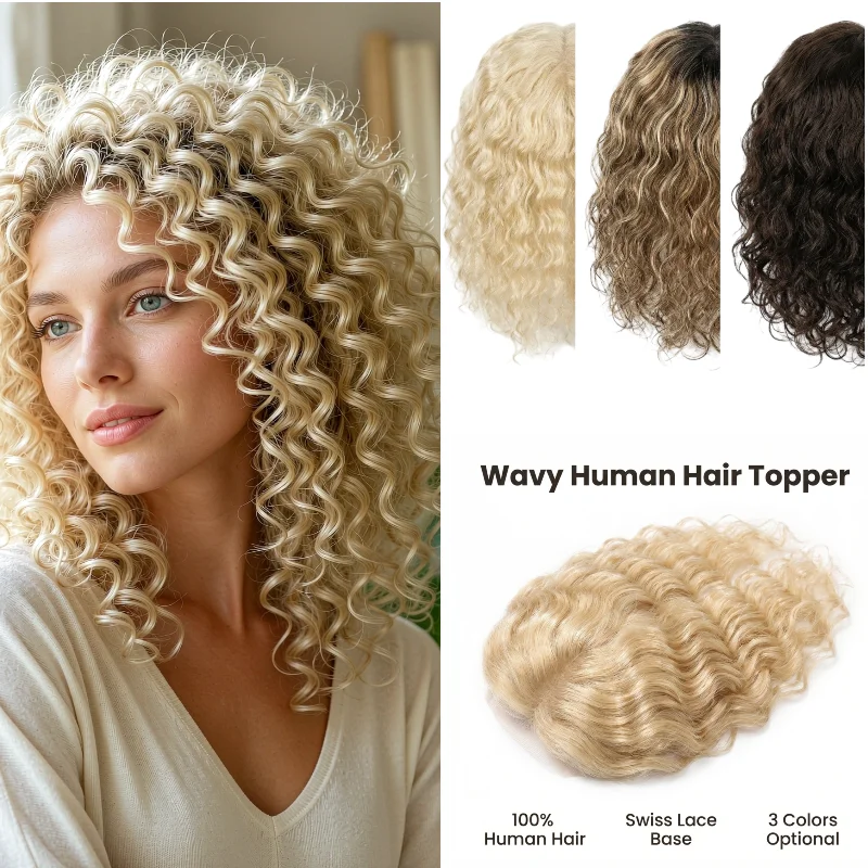 Human Remy Hair Women Hairpiece Swiss Lace 9x14cm 10inch Deep Wave Curly Topper Hand-Tied Color #1B P4-27 Wholesale