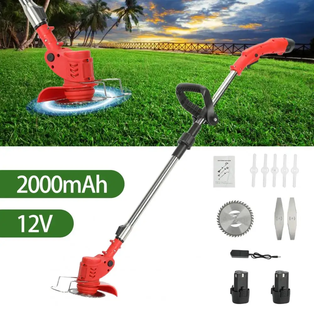 12V 2000mAh 2 Batteries 1 Charger Telescopic Rod Anti-slip Handle Weed Trimmer Cordless Electric Weed Lawn Eater Edger