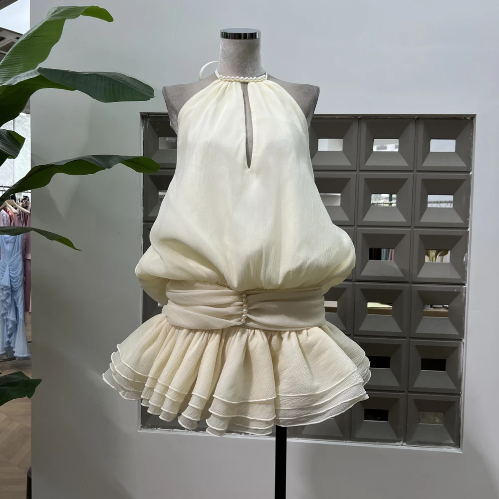 

New Sexy Hot Women's Dresses Solid Pearl Lace O-Neck Sleeveless High Waist Elegant Chic Mini Fashion Party Club Evening Dress