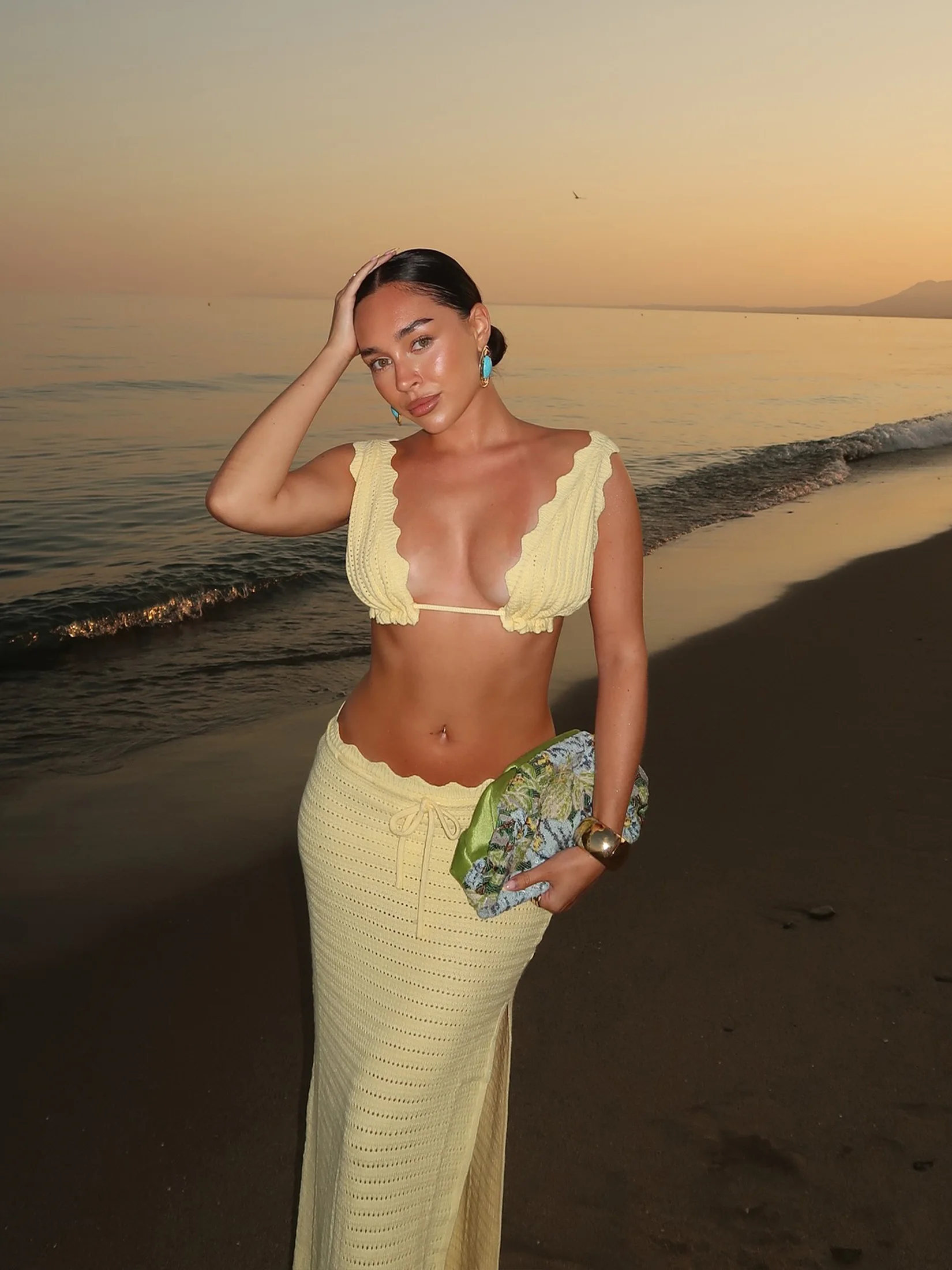 

Elegant Butter Yellow Ruffled Knitted Bikini Top With Long Skirt Women Beach Dress 2025 Summer Vacation Two Piece Coverup C94