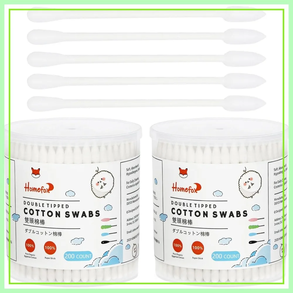 

400 Count Pointed Cotton Swabs - Organic Cotton, Paper Sticks, Double-Sided Tips, Lint-Free, Soft, Gentle