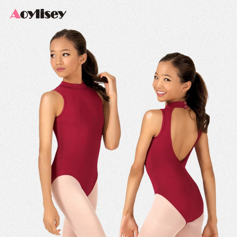 ชุดบอดี้สูทเด็กผู้หญิงสีดำแบบไม่มีแขน คอเต่า เปิดหลัง ผ้ายืด สำหรับเต้นบัลเลต์ ยิมนาสติก และการแสดงบนเวที
