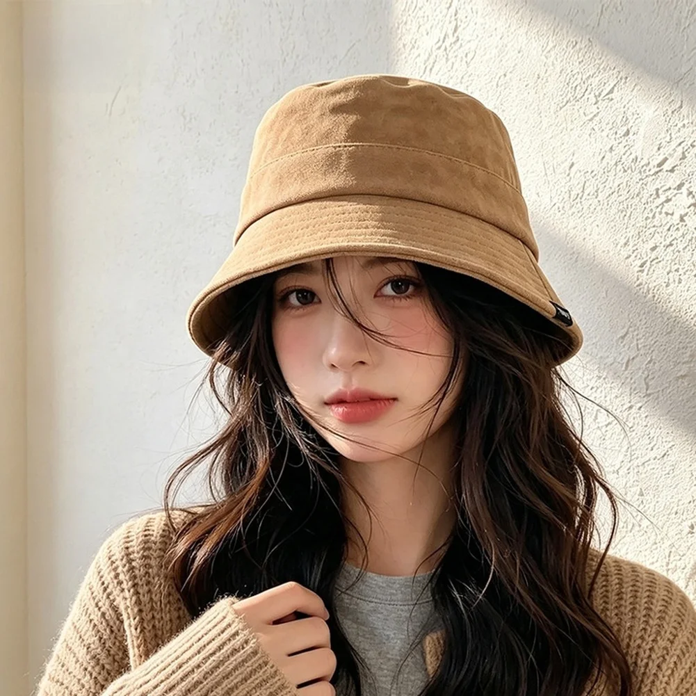 Women\\\'s Bucket Hat with Suede Texture Korean Fashion Influence Wide Brim Face Contouring Foldable for Travel and Daily Use