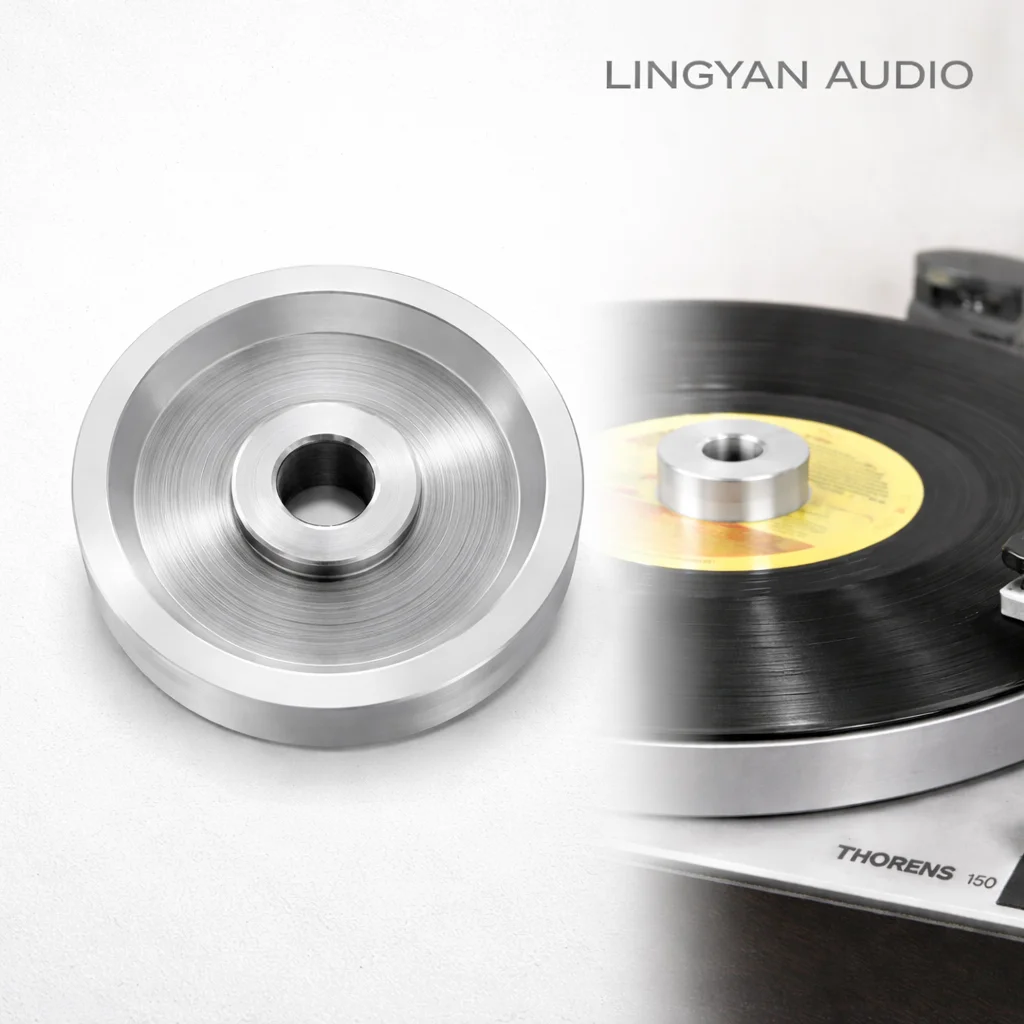 

Высококачественный адаптер для виниловых пластинок 45 об/мин, прочная алюминиевая конструкция, совместим с проигрывателями Thorens и большинством проигрывателей винила, точная механическая обработка.
