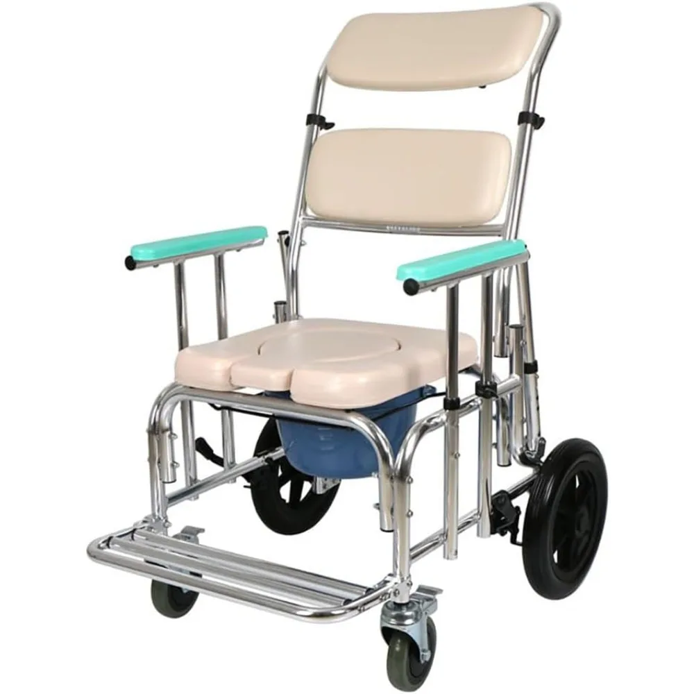 Shower Chair, Elderly and Disabled with Adjustable Back Angle and Headrest, 12 Inch Rear Wheels, Shower Commode Wheelchair