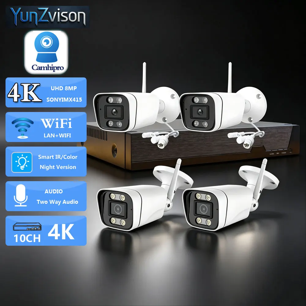 C-R 4CH Security System Kit 10CH 4K 8MP NVR Recorder+4pcs 8MP/5MP WIFI Surveillance IR&Color Night Version Two Way Audio