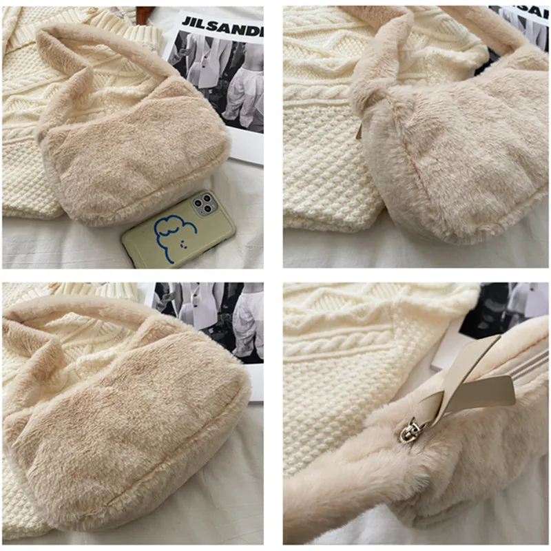 Simple Design Women Soft Plush Hobos Shoulder Bags Winter Furry Ladies Clutch Purse Handbag Fashion Female  Underarm Bag