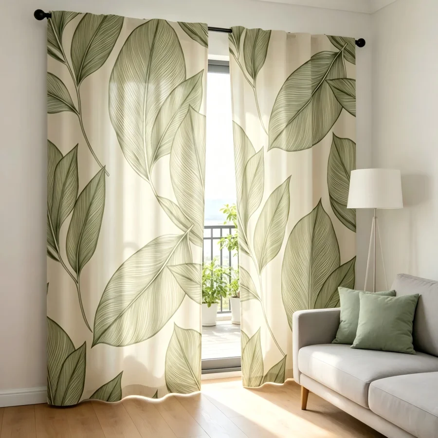2PCS Digital Print  Curtain, Line Art Leaves, Bohemian Style  Curtain Panel for Home Living Room Bedroom Decor