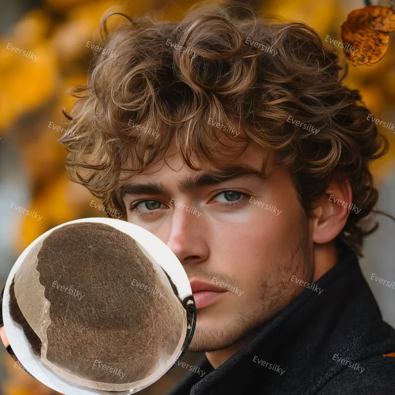 بدلة شعر طبيعية للرجال # 4 # 7 # 17 # 18 شعر مستعار للرجال بلون بيج داكن يسمح بمرور الهواء من الدانتيل السويسري والبولي يوريثان حول الرجال شعر مستعار للرجال #2