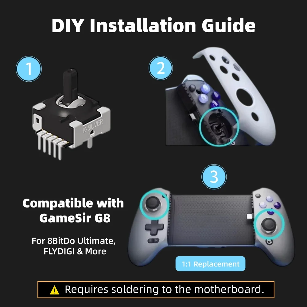 K-SILVER JH16 – joystick wykorzystujący efekt Halla, bez efektu „driftu”, elektromagnetyczny, zastępuje standardowy joystick, 3D analogowy, kompatybilny z kontrolerami GameSir G8/G7SE/T4 i 8BitDo Ultimate. — zdjęcie produktu 2