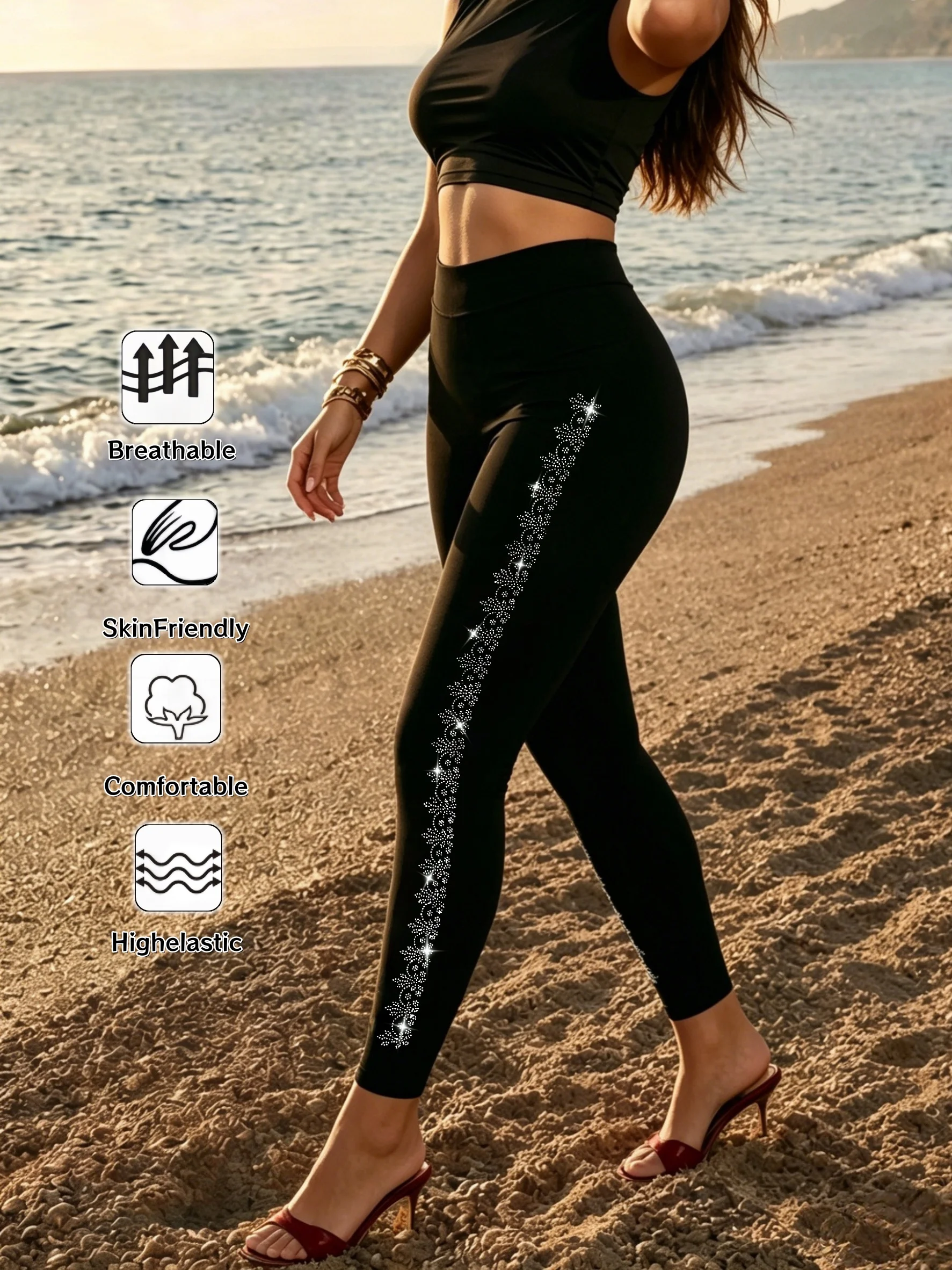 Women's Black High Waist Rhinestone Snowflake Leggings Slim Fit Stretch 9/10 Length Casual Tights