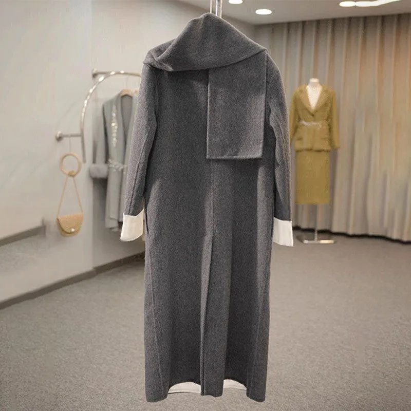 Contrast Stitching Double-Sided Woolen Jacket Women Overcoat Autumn Winter New Scarf Collar Fake Two Long Loose Wool Windbreaker