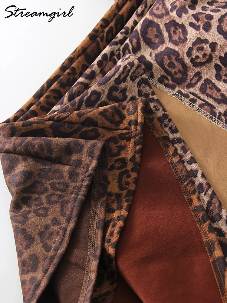 Inverno leopardo impressão camurça saia longa feminina outono vintage uma linha marrom maxi saias para mulheres inverno quente camurça leopardo saias