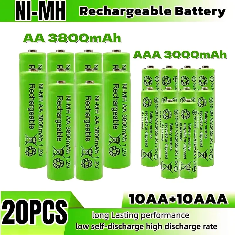 

High Capacity 1.2V 3800mAh AA & 3000mAh AAA Rechargeable Batteries Ni-MH with Low Self-Discharge for Camera Toys Flashlight