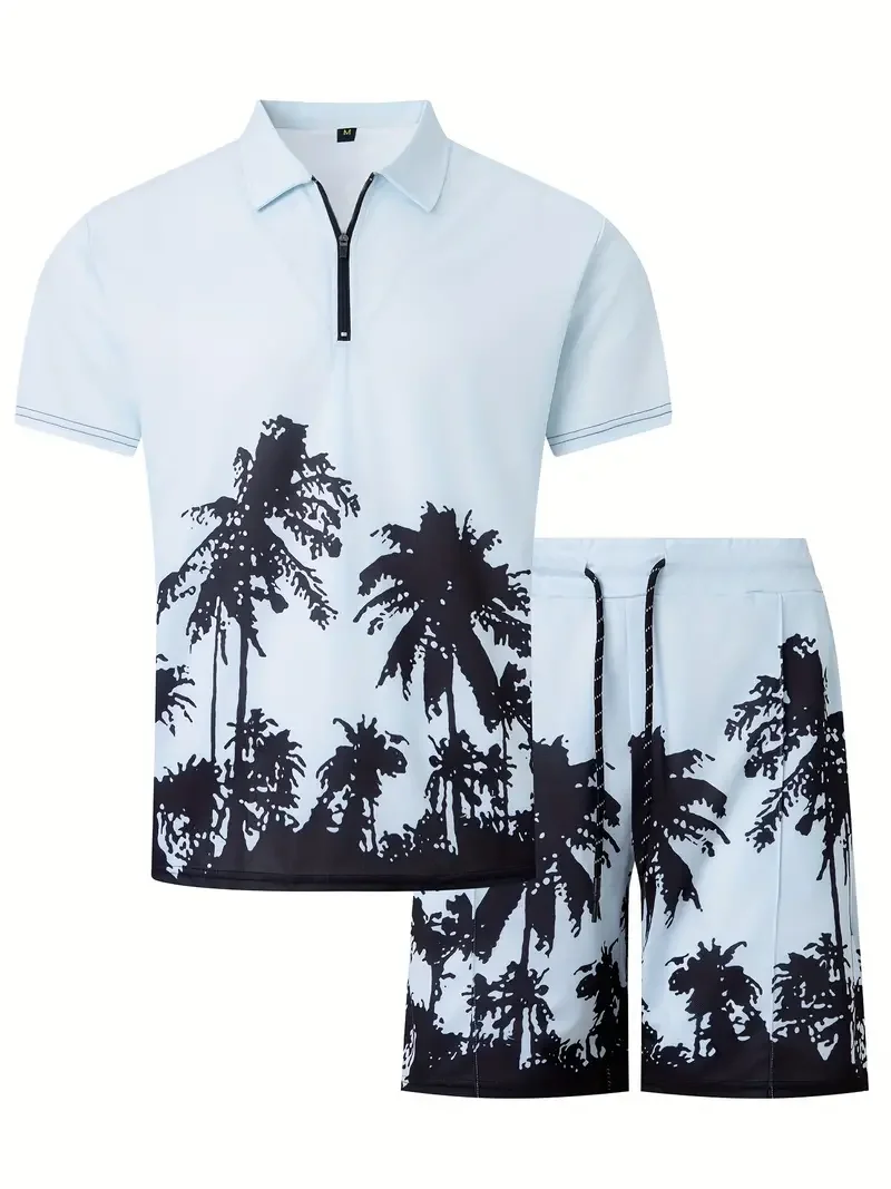 Men's 3D Printed Coconut Tree Pattern Zipper POLO Shirt + Shorts 2-piece Neutral Fashion Casual Simple Matching Style Clothing