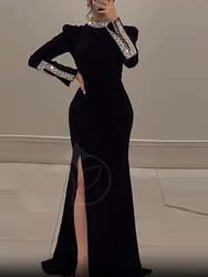 Women's Spring Long Sleeved Slim Banquet Dress Casual Rhinestone Patchwork Dresses Elegant Half High Neck Waist Wrap Hip Dress