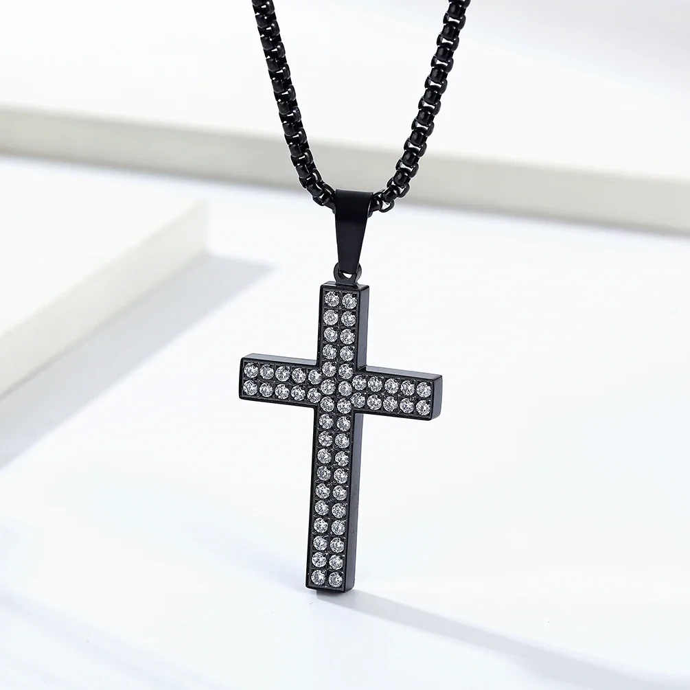 JHSL  Men Cubic Zircon Cross Pendants Statement Necklace Fashion Christian Jewelry Chain Stainless Steel Black Gold Silver Color