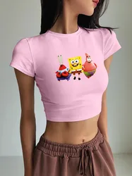 Spongebob Squarepants Patrick Star Woman T-Shirt Summer Crop Tops Fitness Tshirt Home Family Tees Navel Exposed Short Sleeved