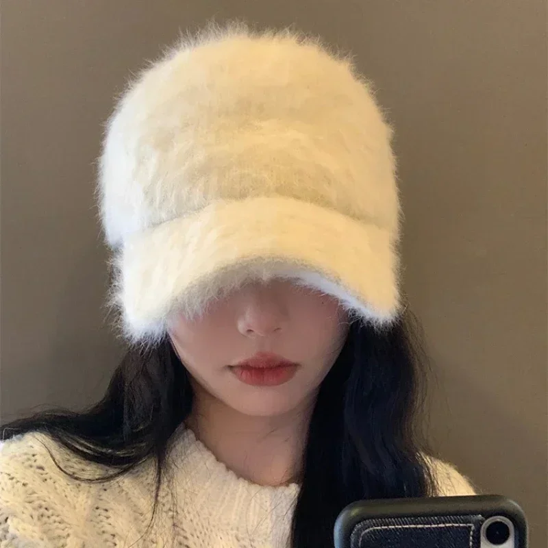 Ins Solid Color Rabbit Hair Baseball Caps Women Autumn and Winter Korean Versatile Warm Show Face Small Plush Duck Bill Hat