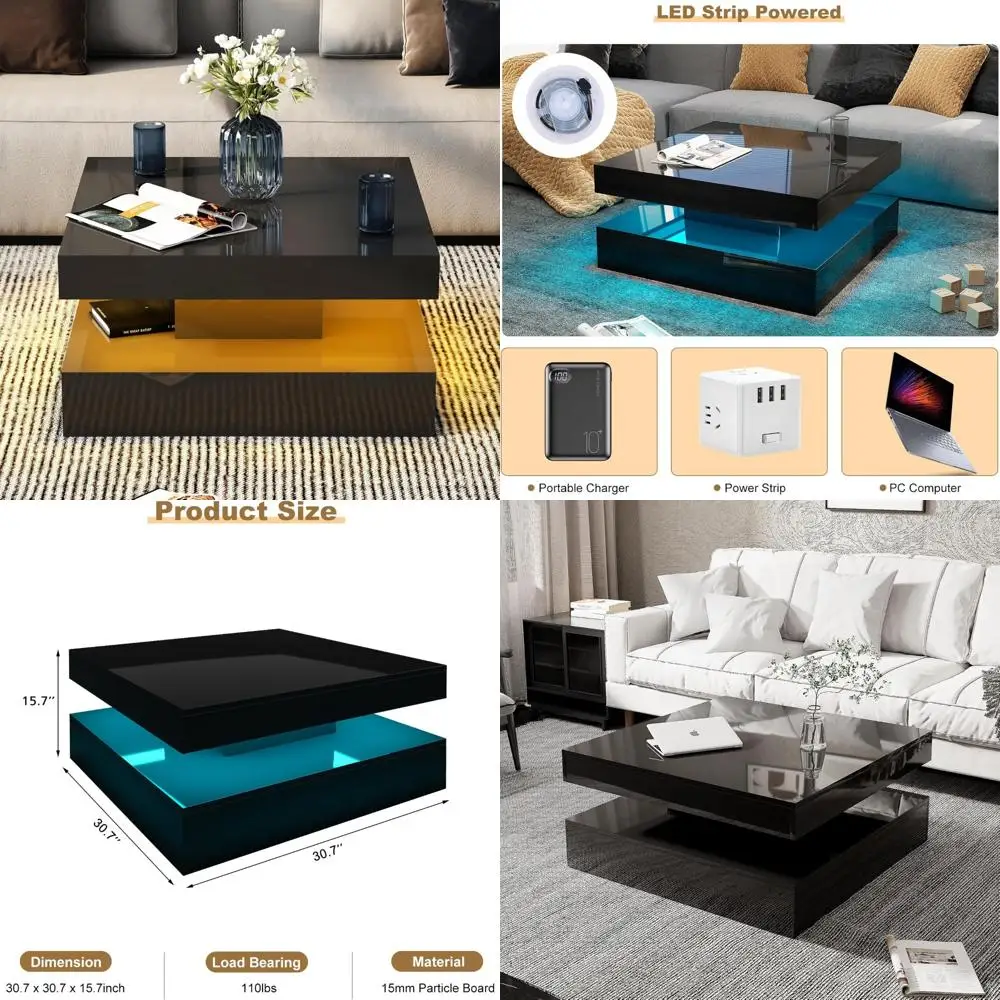 

Modern Storage Coffee Table for Living Room - 2-Tier Square Center Table with Sleek Black Finish