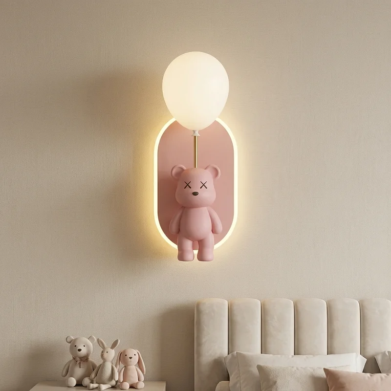 Modern Cute Cartoon Bear Holding Balloon Decorative Childrens Bedroom Nursery Bedside Wall Mounted Interior Accent Wall Lamp