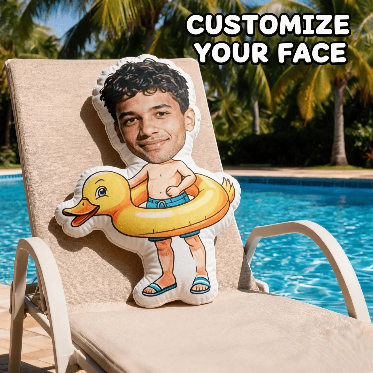 Custom Photo Shaped Pillow, Funny Man Face on Duck Floatie Body Decorative Cushion, Summer Beach Theme Personalized Gift for Boy
