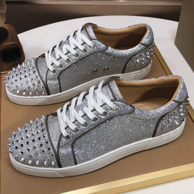 mens luxury fashion silver rivets shoes lace-up genuine leather flats shoe stage nightclub spikes studded sneakers mans footwear
