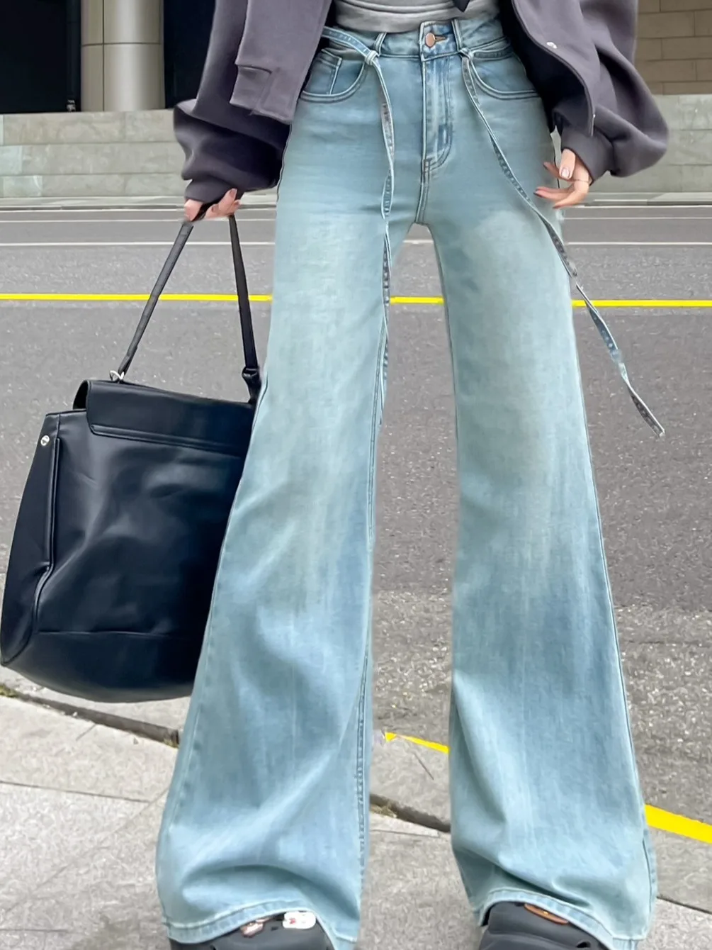 

Spring New Sle Women's Denim Pants Belted Floor-Length Straight Leg Wide Leg Faionable Trousers Blue Long Trousers