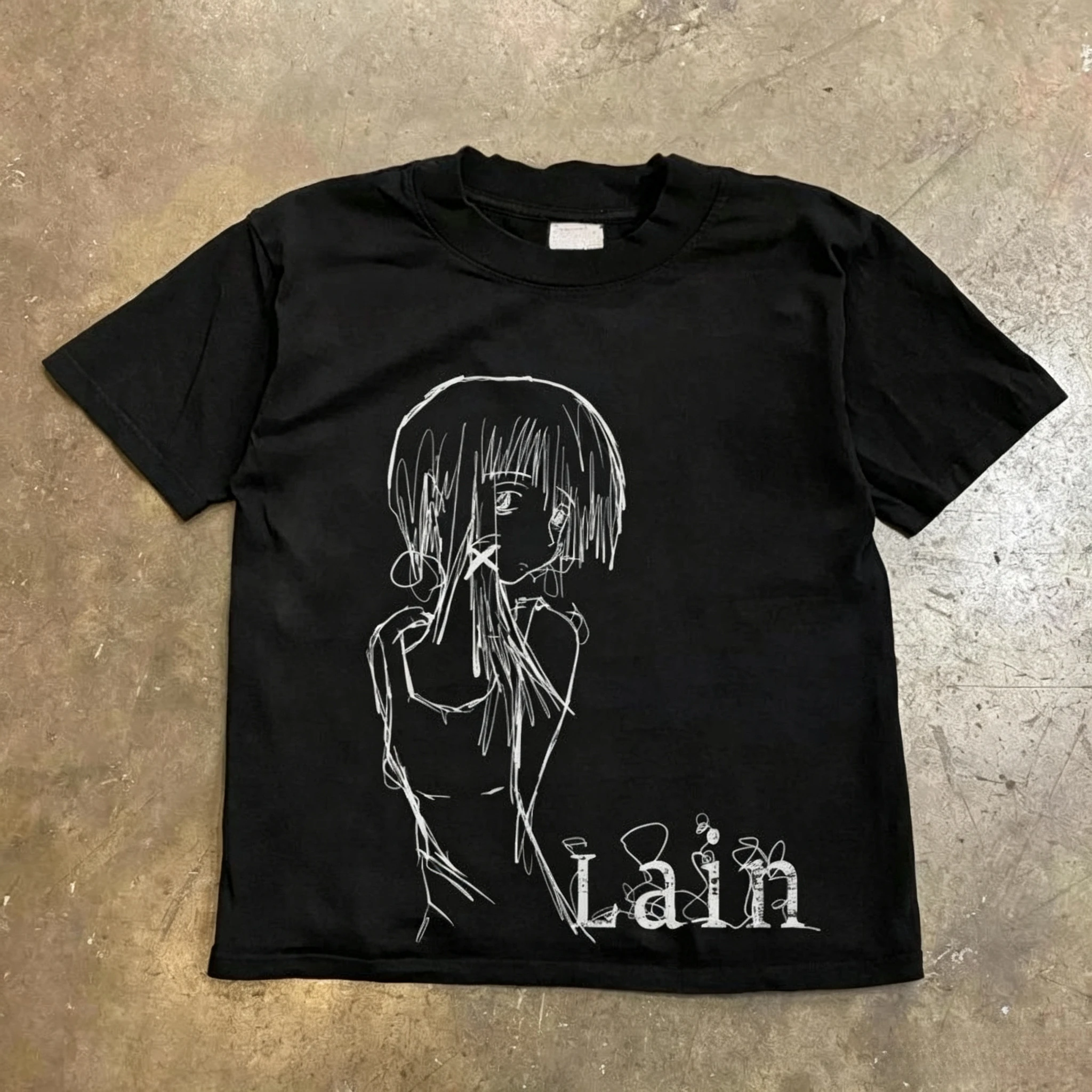 90s Vintage Cyberpunk Anime T Shirt Rough Sketch Character Print Grunge Y2K Ins Trendy Unisex Cotton Oversized Graphic Tops