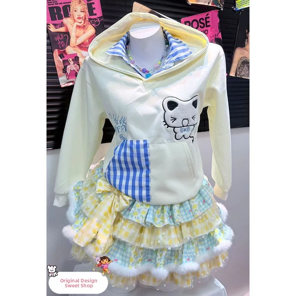 

Толстовка с капюшоном и пышной юбкой ручной работы с мультяшным принтом, оригинальный дизайн, зимняя коллекция, женская уличная одежда Faion