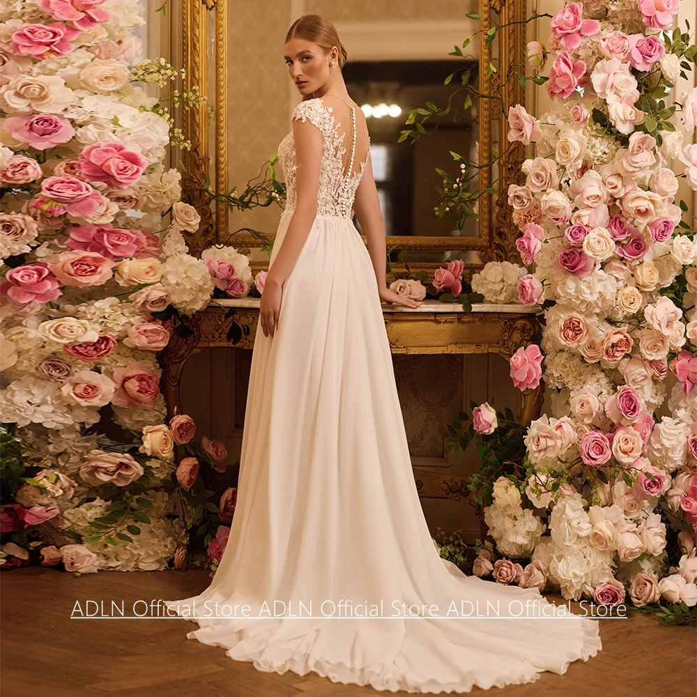 Customized Wedding Dress Robe De Mariee Fashion Cap Sleeve Sheer O Neck Beading Applique Split Sweep Train Bride Dresses