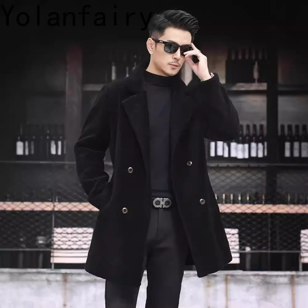 YOLANFAIRY 100% Sheep Shearing Jacket Man Clothing Winter 2025 Mid-length Wool Fur Coat Men Double-sided Lamb Wool Jackets Coats